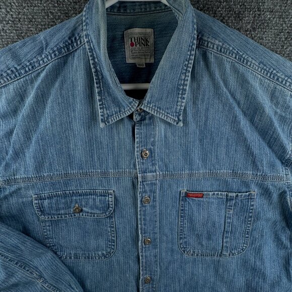Think Pink Denim Men Long Sleeve Button Up Shirt Blue Size 100 (~XL) Pockets - Picture 1 of 13